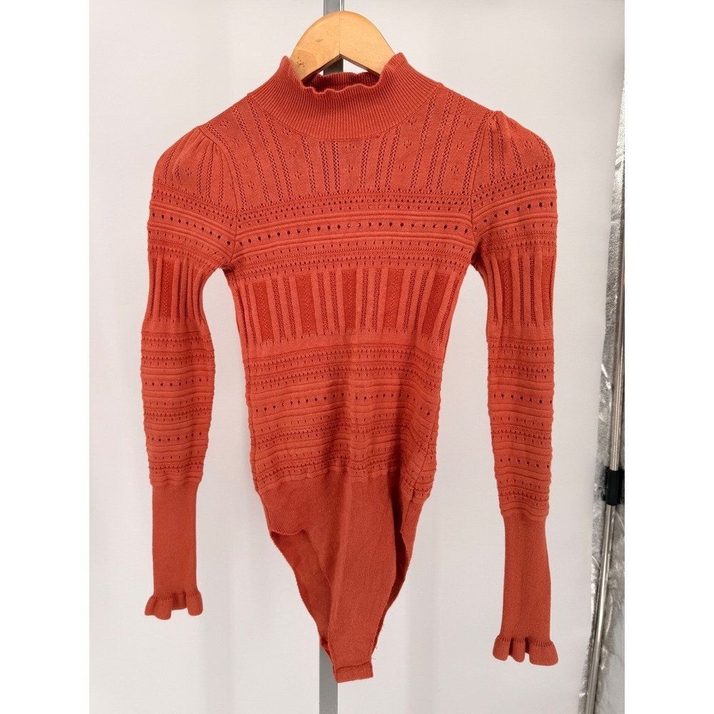 Intimately Free People Rust Orange Mock Neck Pointelle‎ Ruffle Cuff Bodysuit S